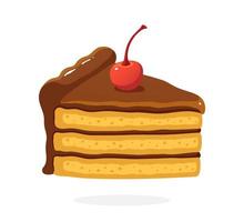 Sticker a piece of cake with chocolate cream and cherry vector