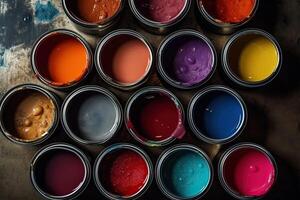 Set of opened colorful paint cans photo