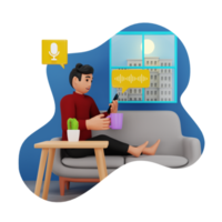 Mann Hören zu Podcast während Sitzung auf Couch 3d Charakter Illustration png