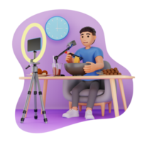 homme tournage asmr nourriture mukbang vidéo, 3d personnage illustration png