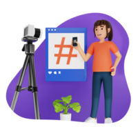 femmina influencer utilizzando hashtag promozione, 3d personaggio illustrazione png