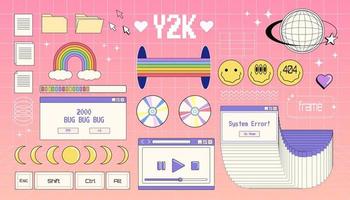 Set of Y2K elements, group of vector objects in Y2K style, nostalgic illustrations, technologic objects, computer windows.