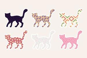 Sticker pack of outline cats with different patterns. Simple cat silhouette. Pattern collection. vector