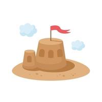 Cartoon sand castle with red flag. Flat design. Kids vector illustration isolated on white background. Beach icon, summer vacation concept.