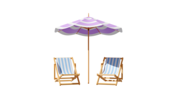 Two Deck Chair And Beach Umbrella In Minimal Concept Summer Theme, PNG transparent background, ready for use, Beach set 3D element, 3D Rendering