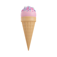 fragola ghiaccio crema dolce con marshmallows, arcobaleno cioccolato Riso, e cialda cono nel spiaggia concetto estate tema, png trasparente sfondo, 3d elemento, 3d illustrazione