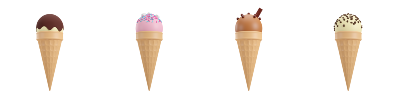 einstellen von Erdbeere, Vanille, und Schokolade Eis Sahne Dessert mit ein Belag und Waffel Kegel im Strand Konzept Sommer- Thema, png transparent Hintergrund, 3d Element, 3d Illustration