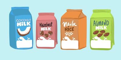 Set of different vegetable milk - almond, rice, coconut, soybeans. Vegan, vegetarian product for cooking food and drink vector