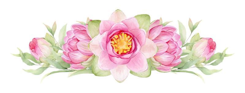 Pink flowers lotus. Watercolor illustration. A garland of lotus flowers. Wreath of chinese water lily. Design for invitations, save the date, cards other items.