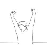 man stretched arms up with fists - one line vector drawing. concept stretching arms up, morning stretching or numbness of the limbs