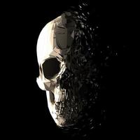 Vector polygonal skull disintegration. Dissolving 3D low poly human skull with fading effect of particles of dust.
