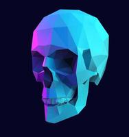 Polygonal skull illustration. Vector 3D low poly design with violet and blue color palette on dark background. Abstract geometric crystal style spooky design element.