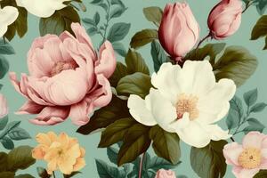 Floral Wallpaper, Watercolor peonies flower brach green leave. Light color background. Vintage floristic Style photo