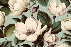 Floral Wallpaper, Watercolor peonies flower brach green leave. Light color background. Vintage floristic Style photo