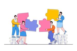 Business teamwork together people connect jigsaw puzzle elements and search for ideas. Outline design style minimal vector illustration for landing page, web banner, infographics, hero images