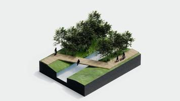 environment isometric park nature. isometric environmental sustainable landscape forest with people rest, 3d render animation. environment with tree, grass leaf, river, footpath on white isolated. video