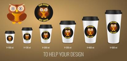 Set of vector illustrations of single layer paper cups in different sizes with owl logo. Owl drinks coffee. Help graphic designer.