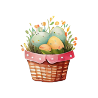 Wicker basket with colorful pastel Easter eggs, spring flowers png