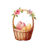 Wicker basket with colorful pastel Easter eggs, spring flowers png