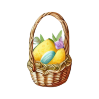 Wicker basket with colorful pastel Easter eggs, spring flowers png