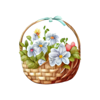 Wicker basket with colorful pastel Easter eggs, spring flowers png