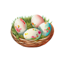 Wicker basket with colorful pastel Easter eggs, spring flowers png