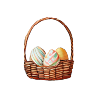 Wicker basket with colorful pastel Easter eggs, spring flowers png