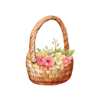 Wicker basket with colorful pastel Easter eggs, spring flowers png