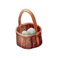 Wicker basket with colorful pastel Easter eggs, spring flowers png