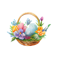 Wicker basket with colorful pastel Easter eggs, spring flowers png