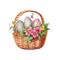 Wicker basket with colorful pastel Easter eggs, spring flowers png