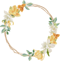 watercolor white gardenia and Thai style flower bouquet wreath frame png