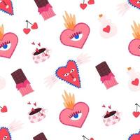 Valentine's day seamless pattern, hand drawn flat vector illustration on white background. Quirky and funky love elements - heart with face and wings, chocolate bar, cup of tea and magic love potion.