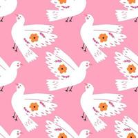 Cute white dove bird, seamless pattern - flat vector illustration on pink background. Concepts of love, peace and Valentines day. hand drawn pattern.