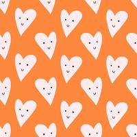 Valentine's day seamless pattern with cute heart, flat vector illustration on yellow background. Hand drawn heart with cheerful smiling face. Funny background.