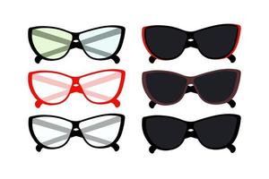 Set of 6 images of eyeglasses with dark and clear lenses with multi colored glasses and frames. EPS vector