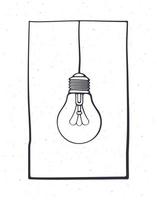 Hand drawn doodle of light bulb on the wire in a frame. Energy and power sign of technology vector