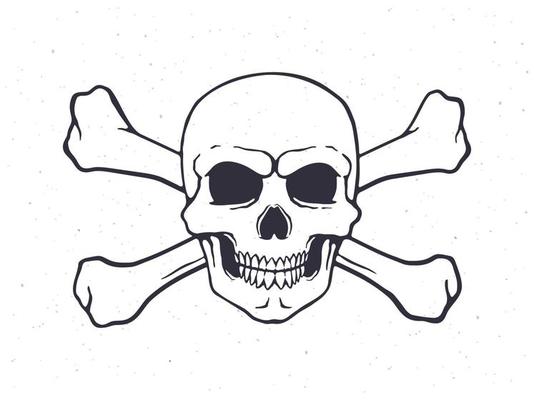 Hand drawn doodle of skull Jolly Roger with crossbones behind