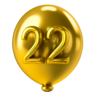 realistic isolated golden balloon with number of 22 png