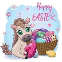 Cute horse with an Easter egg. Easter character and postcard vector