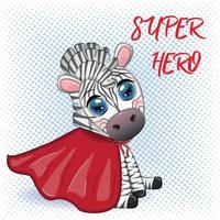 Striped zebra in a red coat. super hero child character vector