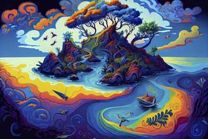 a painting of a psychedelic version of the iconic Mnemba Island, with swirling patterns and bright colors photo