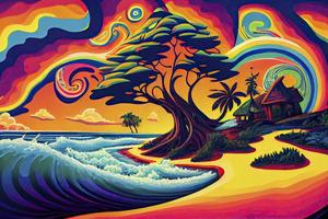 a painting of a psychedelic version of the iconic Mnemba Island, with swirling patterns and bright colors photo