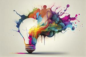 Creative light bulb explodes with colorful paint and splashes  Think differently creative idea concept photo