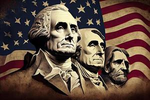 contento presidentes día concepto con el nosotros nacional bandera en contra un collage americano presidentes retratos foto