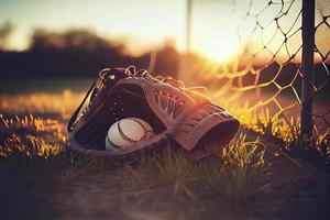 Baseball in glove in the lawn at sunset in the evening day with sun ray and lens flare light photo