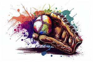 Baseball glove with ball from a splash of watercolor, hand drawn sketch photo