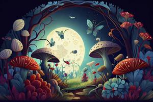 fantastic wonderland landscape with mushrooms, lilies flowers, morpho butterflies and moon photo