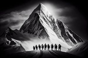 grupo de montañeros múltiple alto alpino escaladores en frente de un gigantesco montaña foto