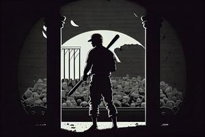 Silhouette, the image of a baseball player with a bat on the background of the stadium photo